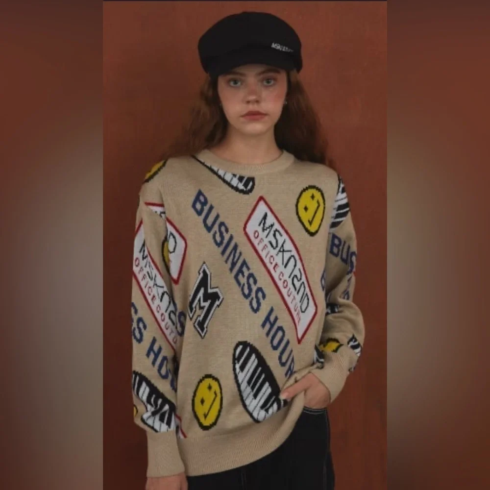 MSKN2ND OFFICE COUTURE PATTERN SWEATER‎ BEIGE, size small - Picture 2 of 8